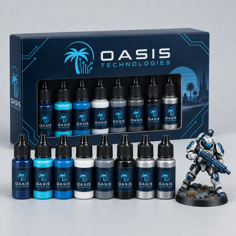 AI demo artwork of a miniature paint set